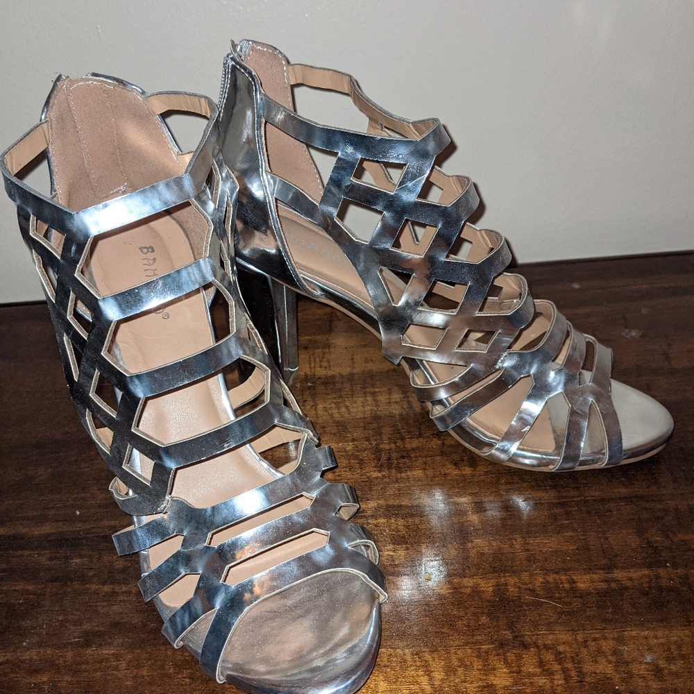 Silver block heel open toe pumps